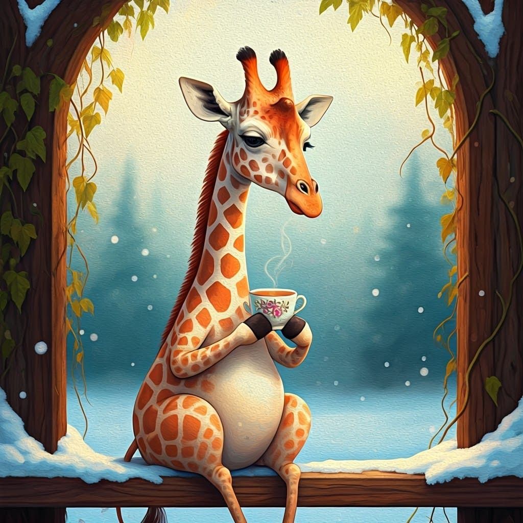 Giraffe Sipping Tea: Whimsical Acrylic Painting