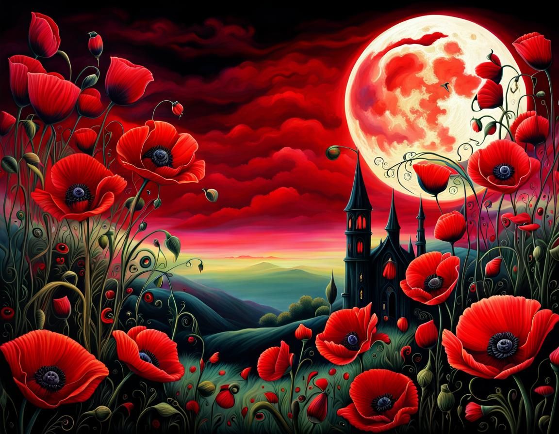 Gothic Poppies under a Blood-Red Moon