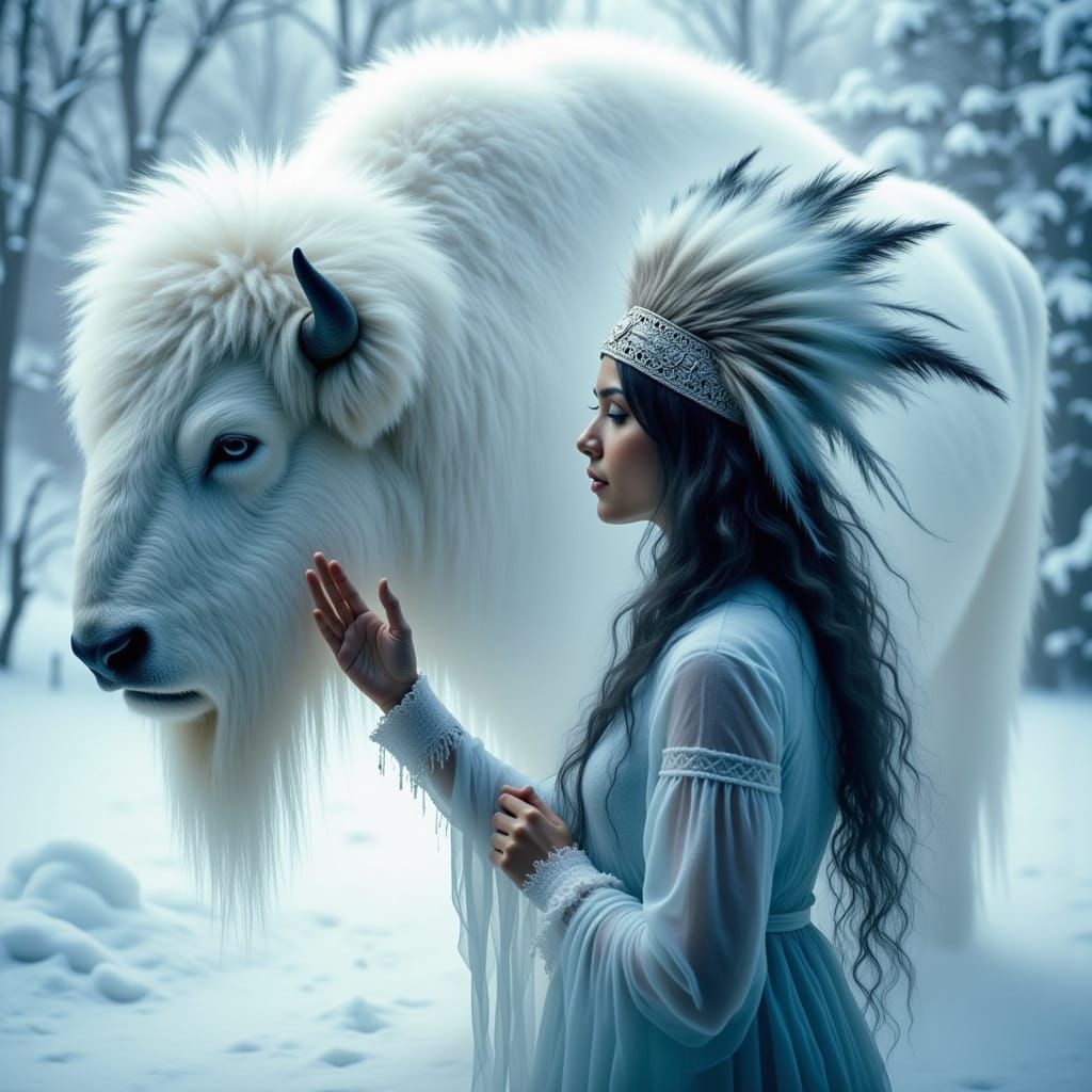 Spectral Native Woman and Spirit Bison in Winter Blizzard