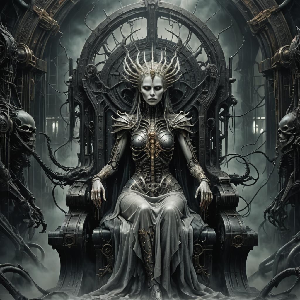 Biomechanical Goddess on Throne in Giger Style