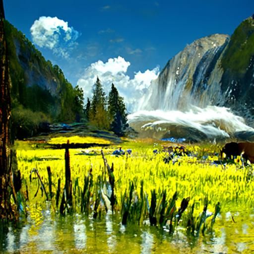 Idyllic Waterside Meadow in Oil Painting Style
