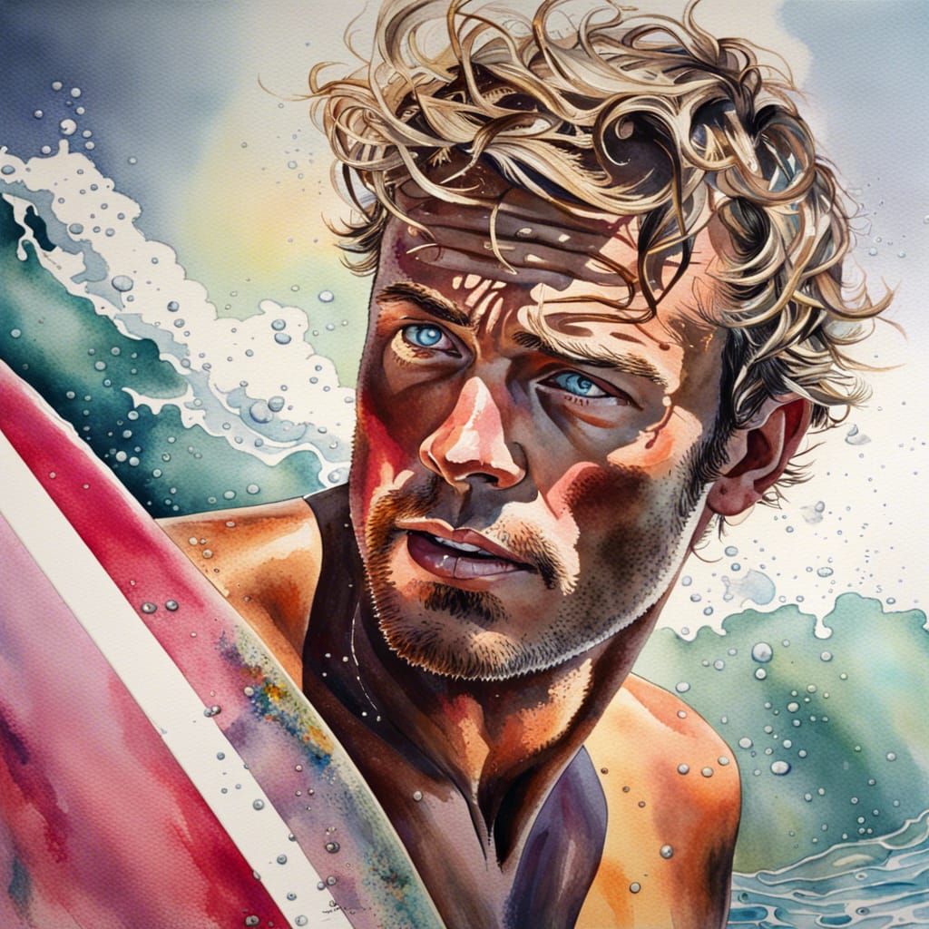 Vibrant Watercolour Portrait of a Handsome Surfer