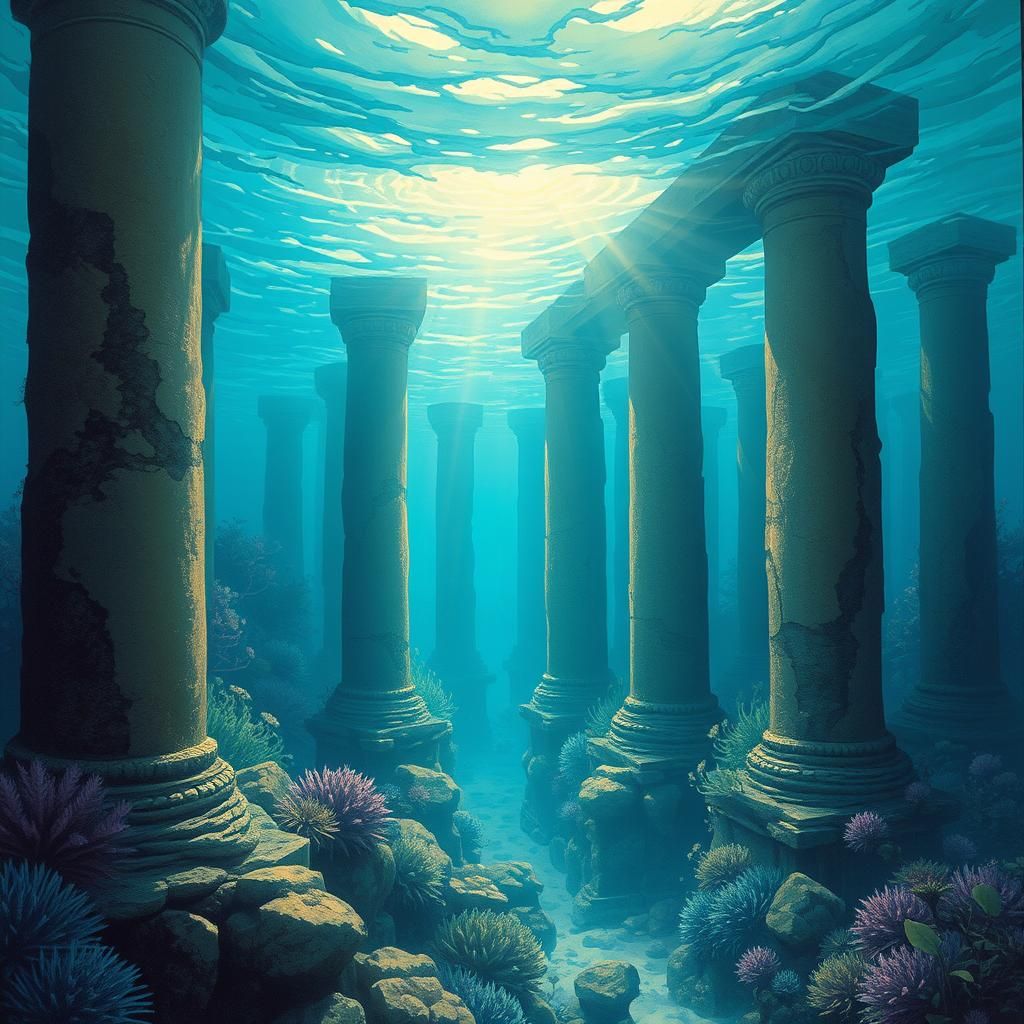 Ethereal Underwater Cityscape with Ancient Stone Columns