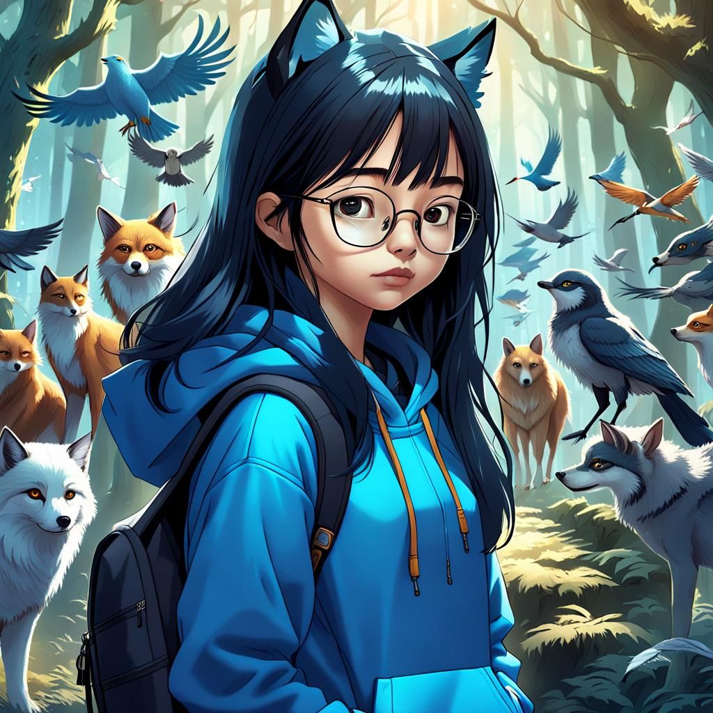 Fantasy Forest Girl with Animals, Detailed Matte Painting