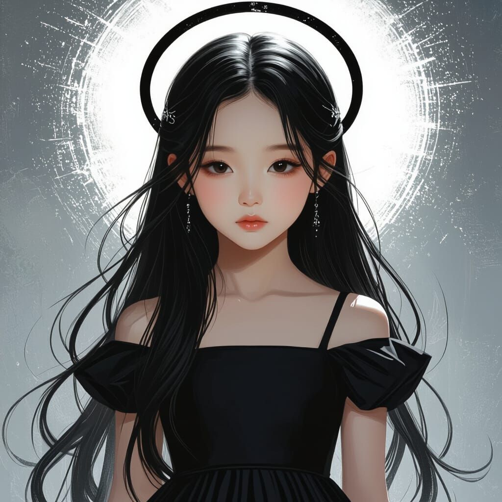 Young Korean Girl in Black Dress with Black Halo