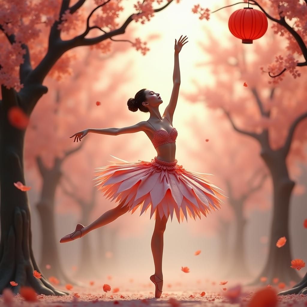 Ethereal Origami Ballerina in Dreamy Landscape