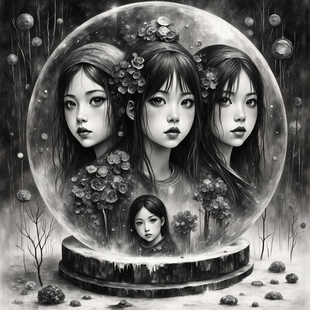 Three Angry Asian Girls in Snow Globe Charcoal Art