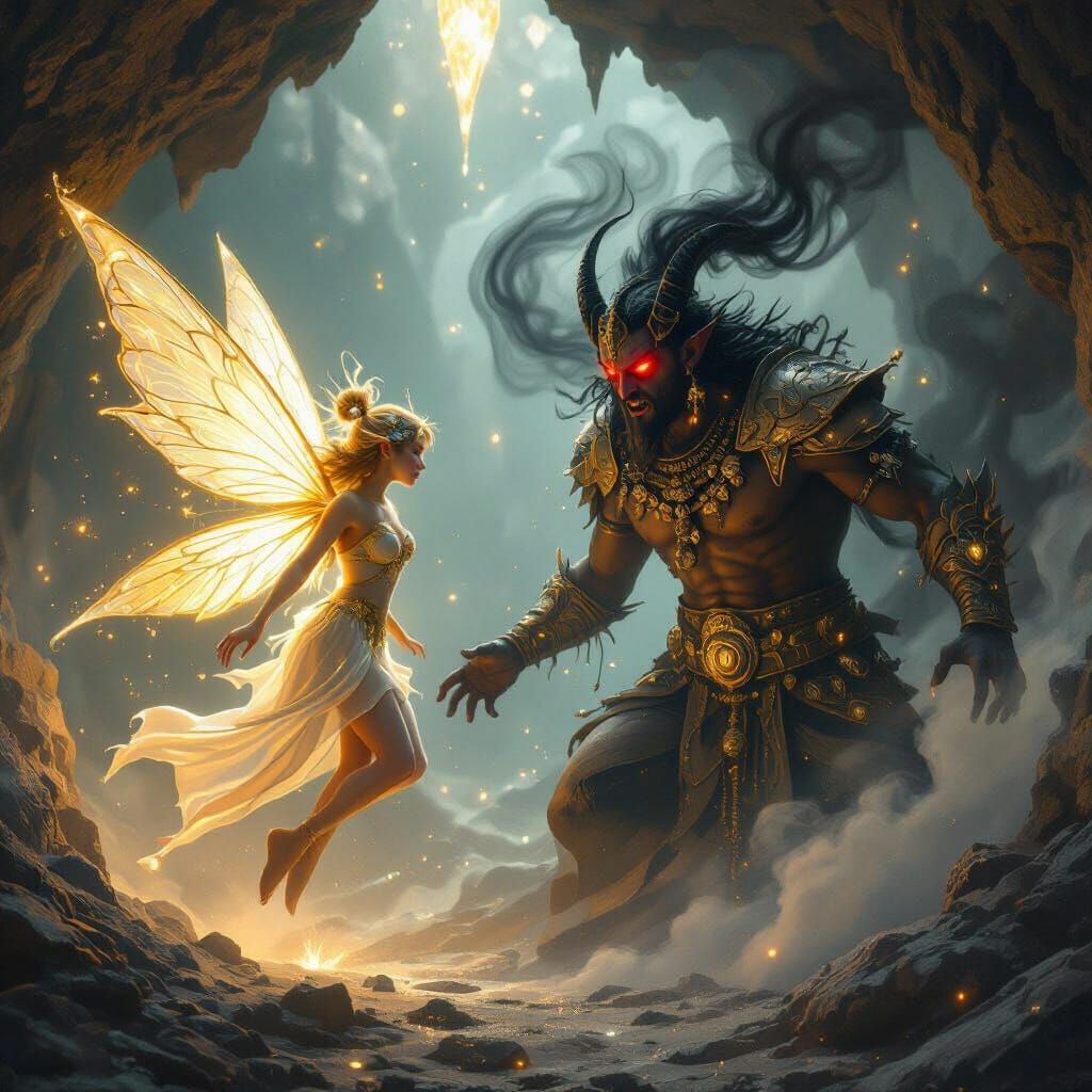 Fairy and Jinn in Crystal Cave, Digital Art