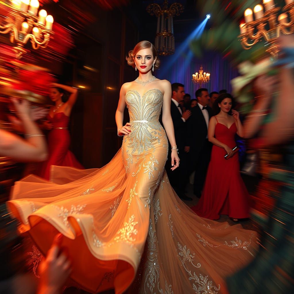 Glamorous Partygoer in Opulent Art Deco Evening Gown