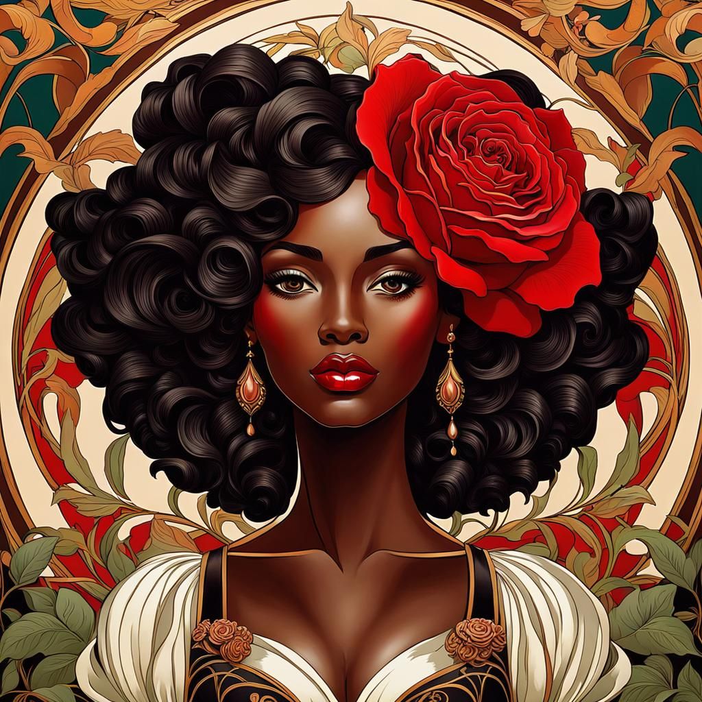 Rose Portrait of Black Woman in Art Nouveau Rococo Style
