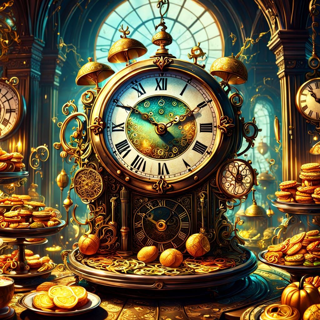 Whimsical Fantasy Clock with Food, 3D Render