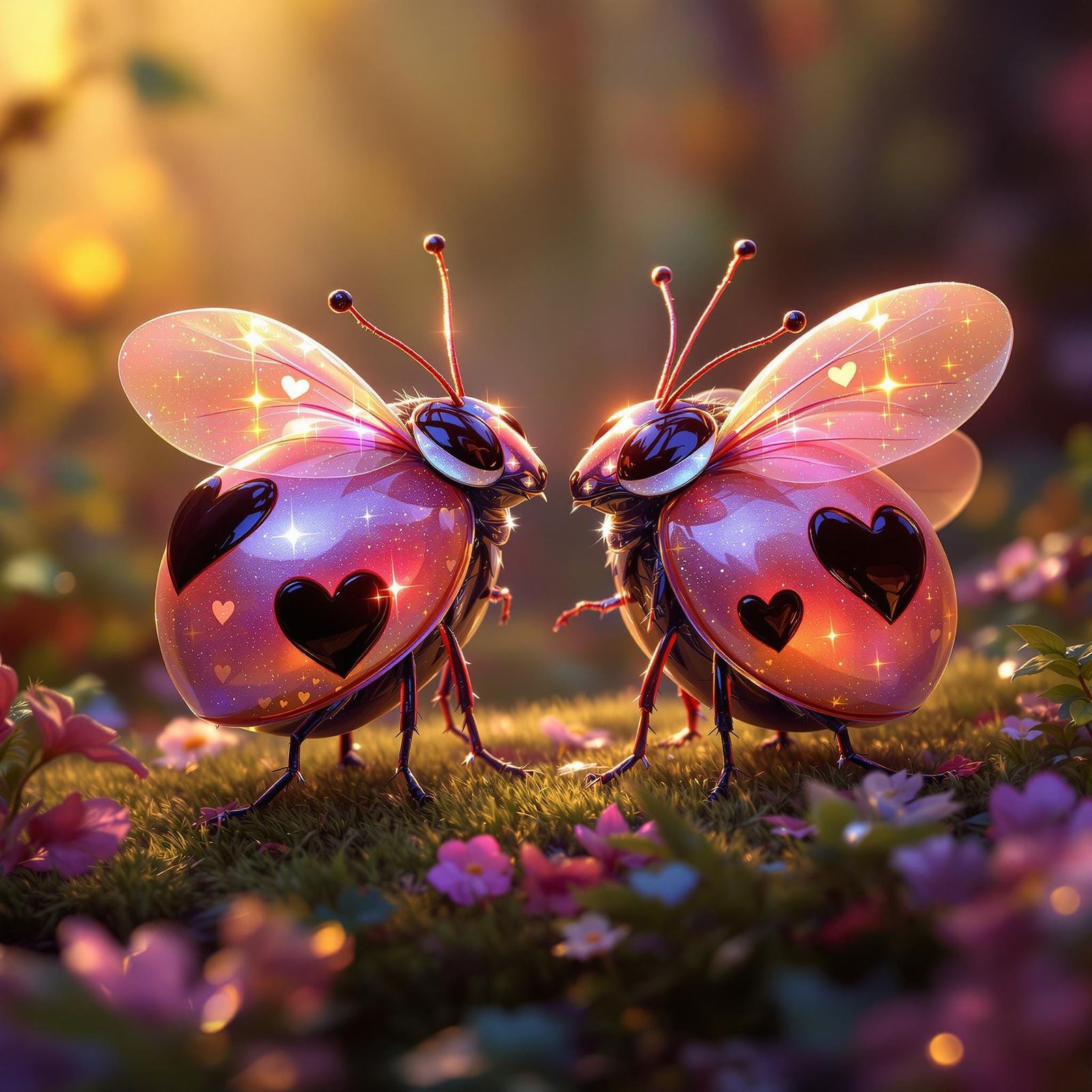 Iridescent Love Bugs in Whimsical Forest Scene