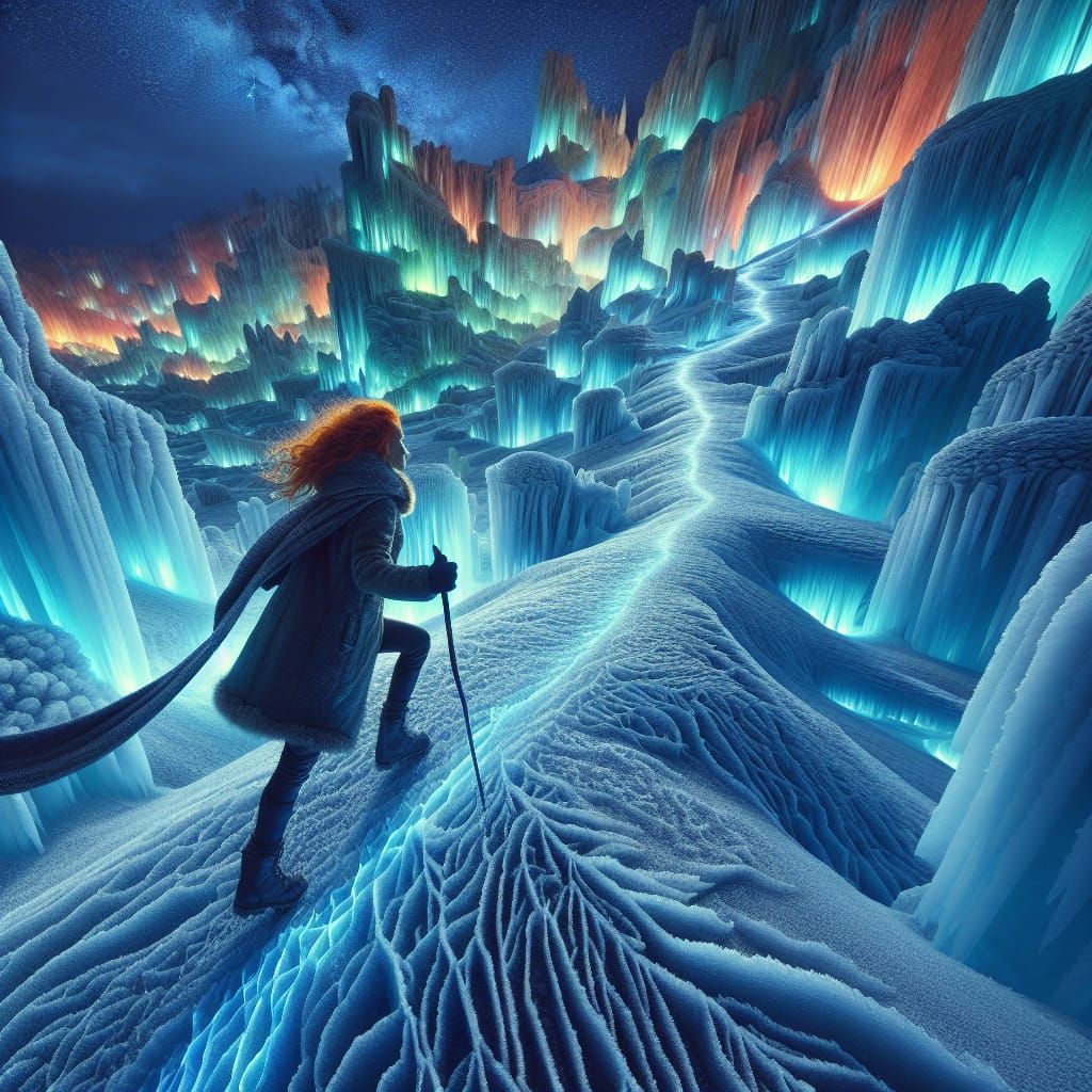 Woman's Journey Through a Fluorescent Ice Landscape