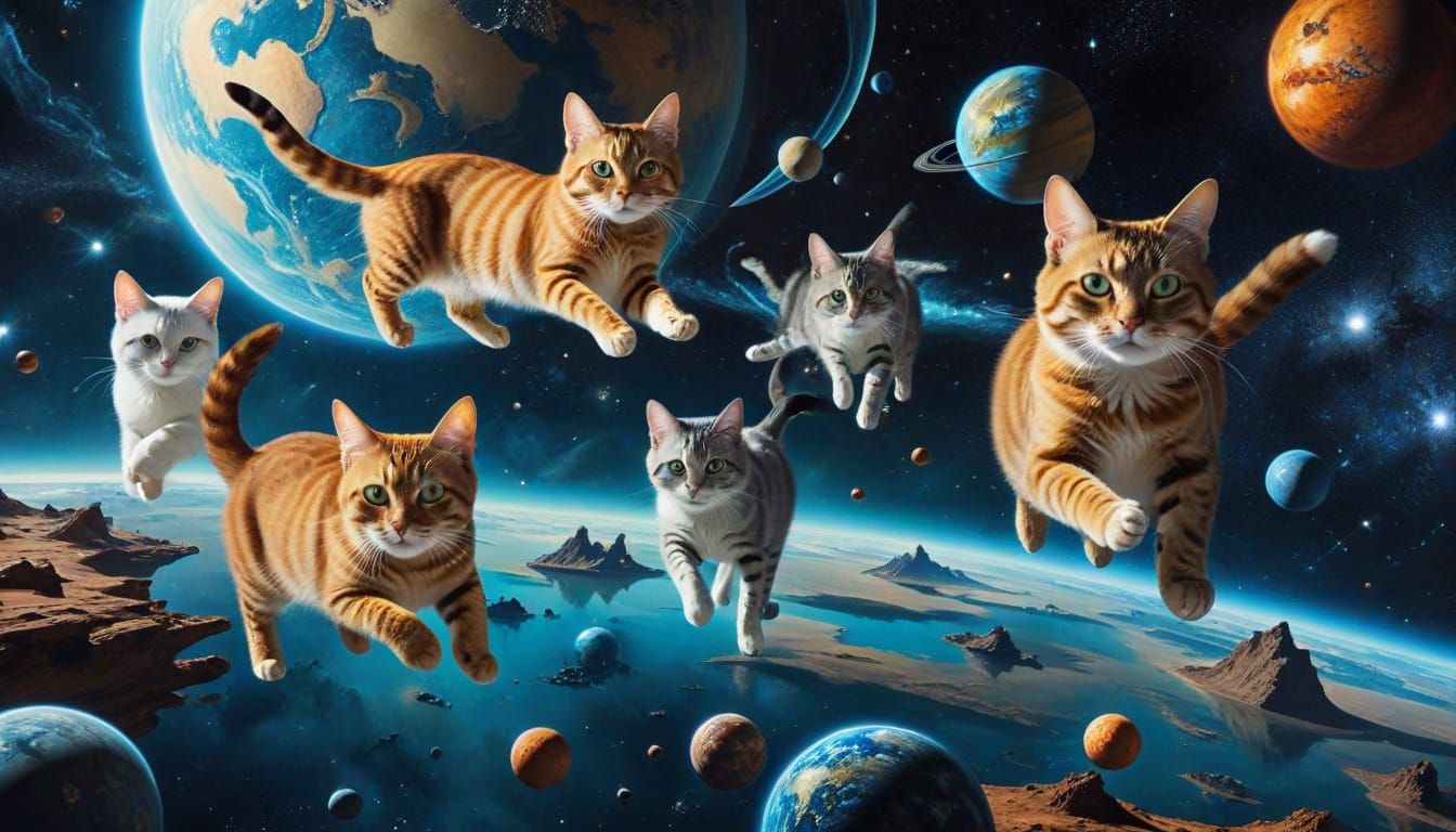cats floating among planets in outer space