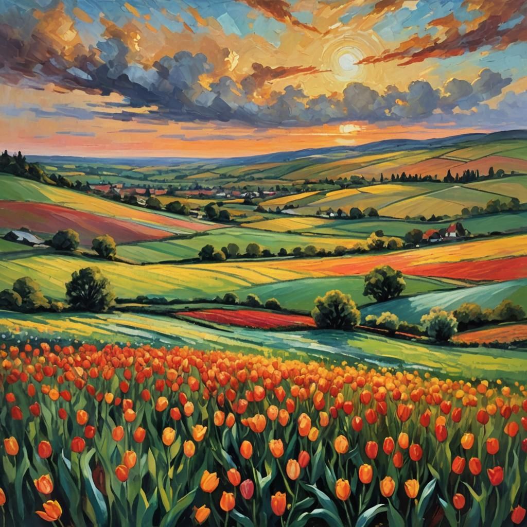 Impressionist Tulip Fields at Sunset: Oil Painting