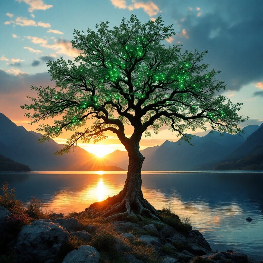 Bioluminescent Tree at Sunset, Cinematic Still