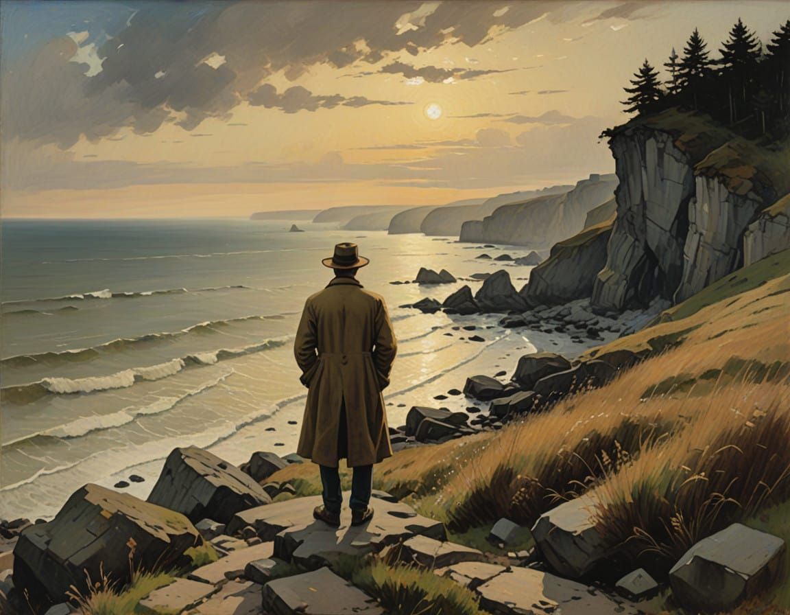 A Lone Figure Contemplates the Endless Sea in Golden Light
