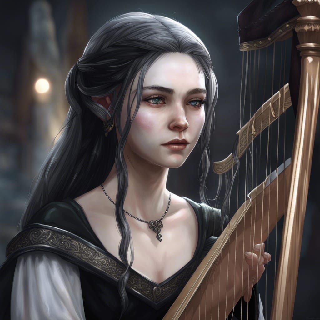 Blind Elf Woman Playing Harp, Fantasy Portrait
