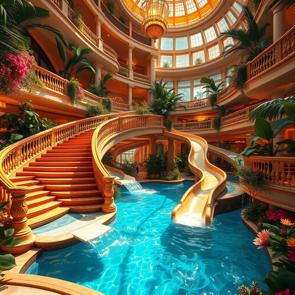 Luxurious Hotel Atrium Transforms into Tropical Water Park