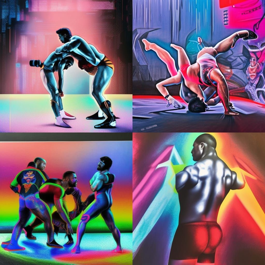 Cyberpunk Wrestling Match in Neon Cityscape