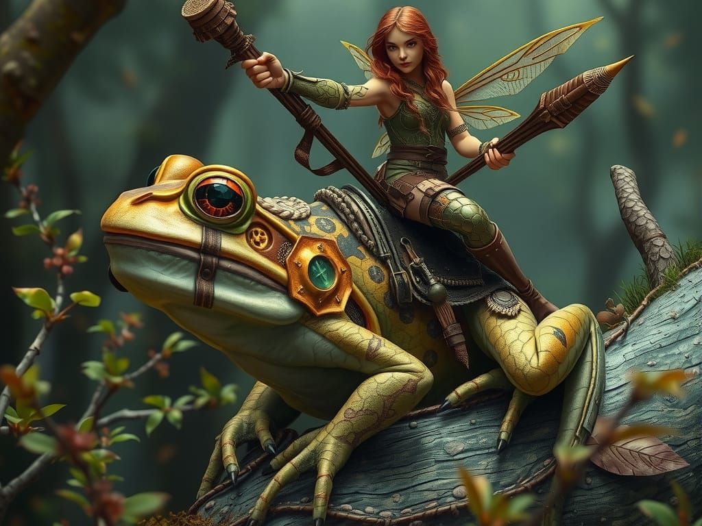 Photorealistic Forest Fairy Warrior on Armored Frog Charges ...
