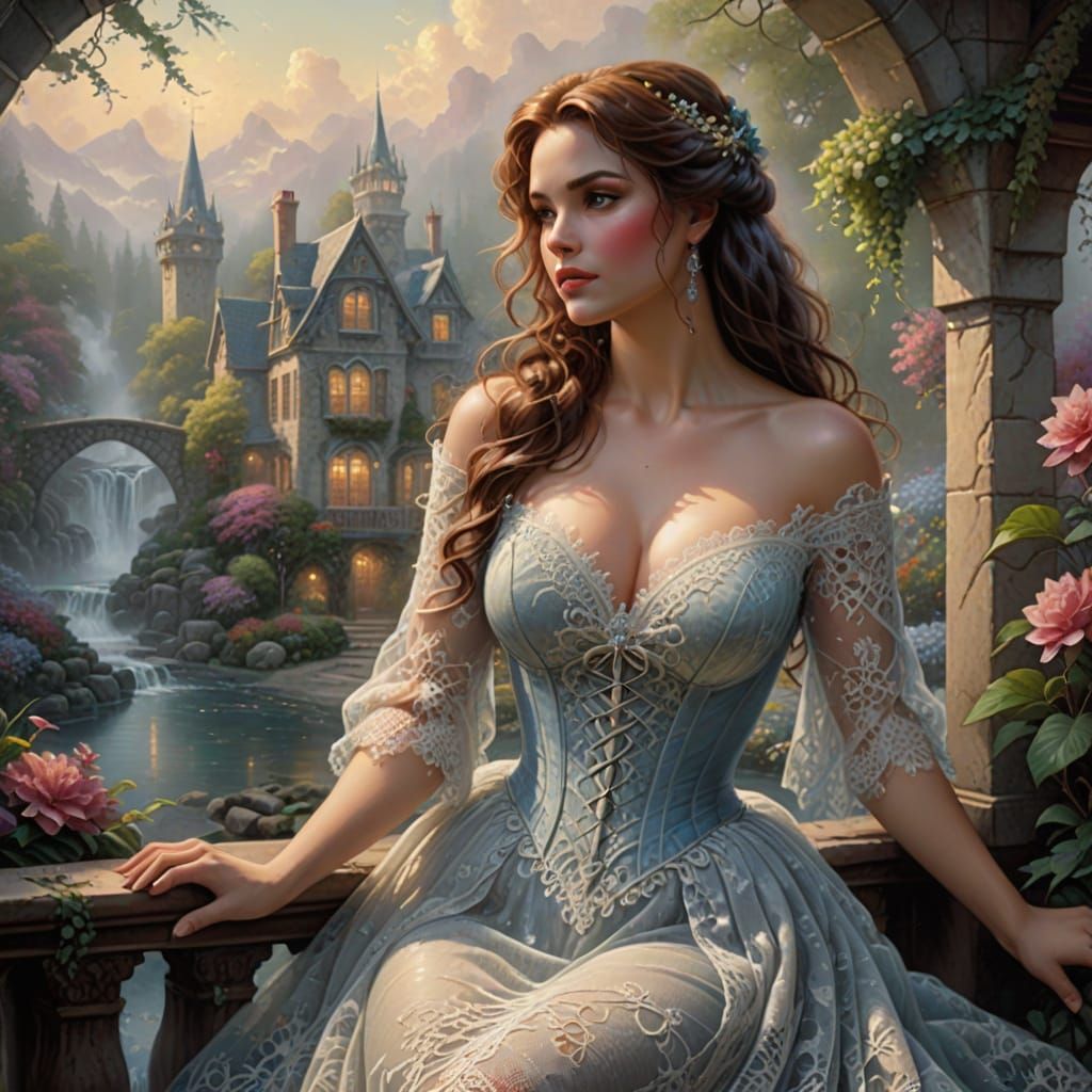 Woman inspired by Thomas Kinkade.