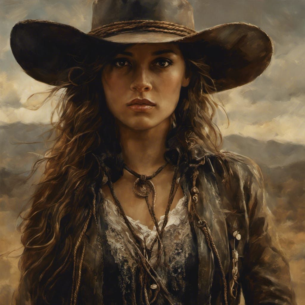 Hyperrealistic Cowgirl Portrait in Mixed Media Style