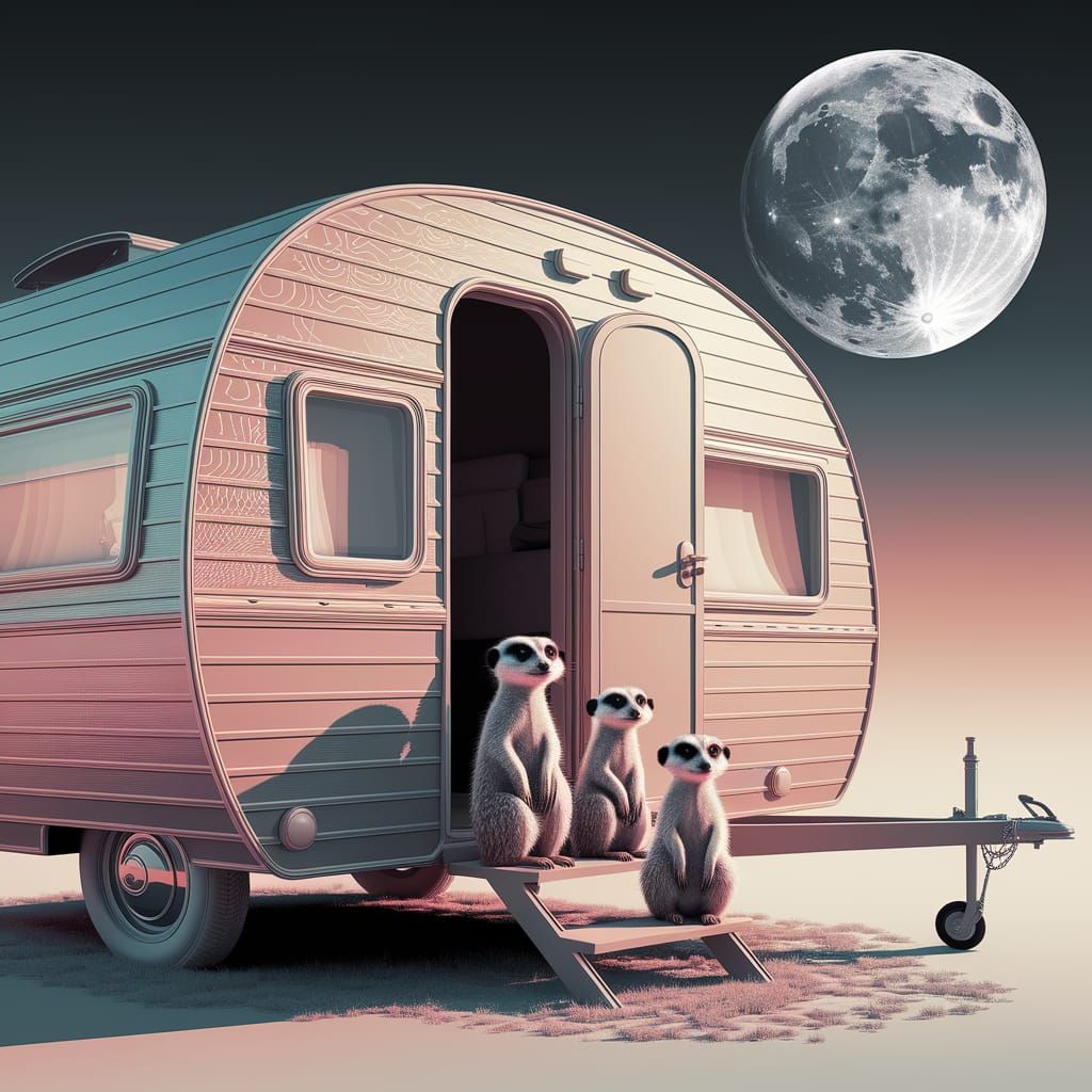 Meerkat Family in Fantasy Trailer Park, Abstract Vector Frac...