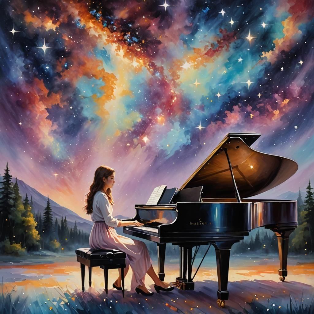 Girl Plays Piano Among Stars: Oil Painting