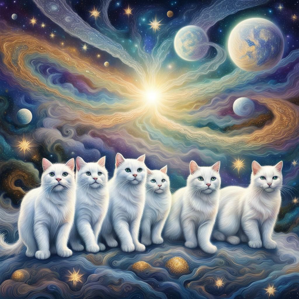 Cosmic Cats Walking Through Starry Sky