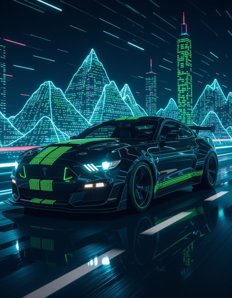 Futuristic Obsidian Muscle Car Speeds Through Digital World