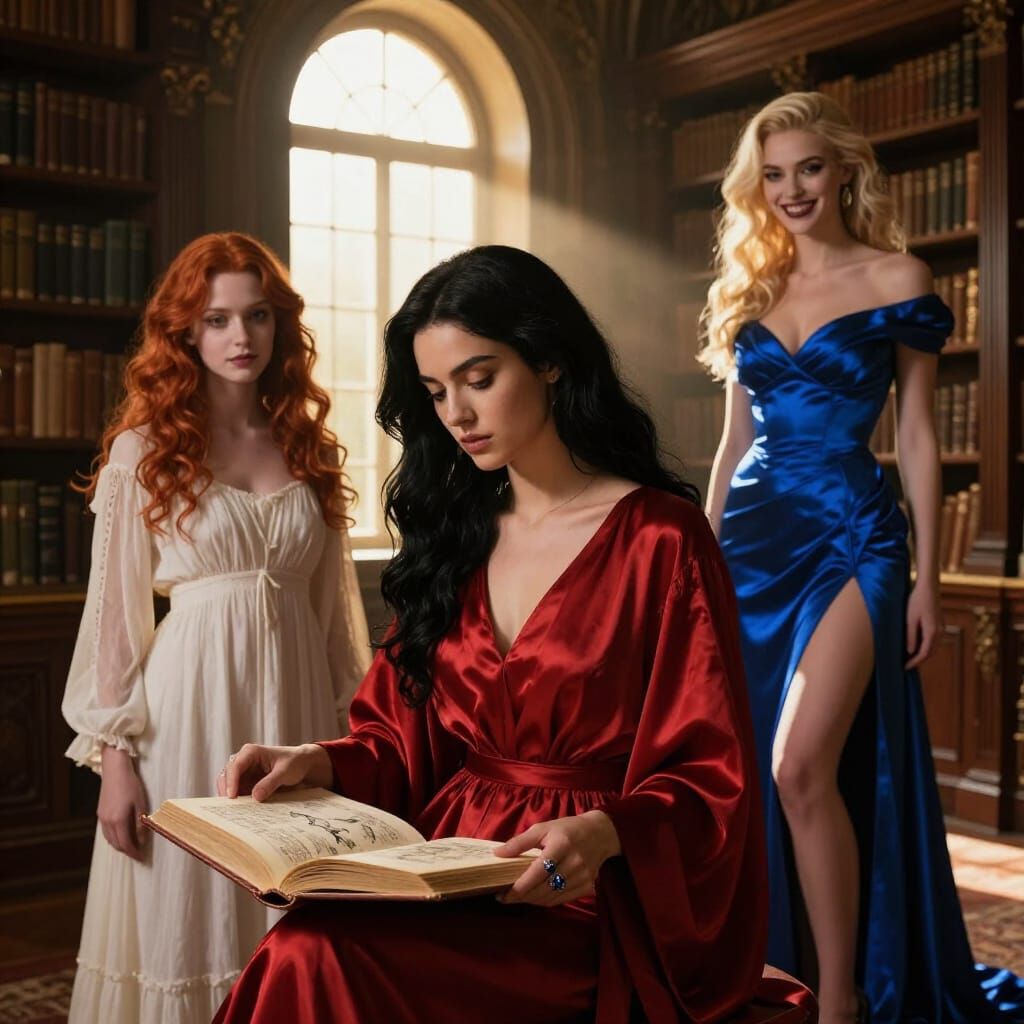 Grand Library Interior with Women in Crimson, Off-White, and...