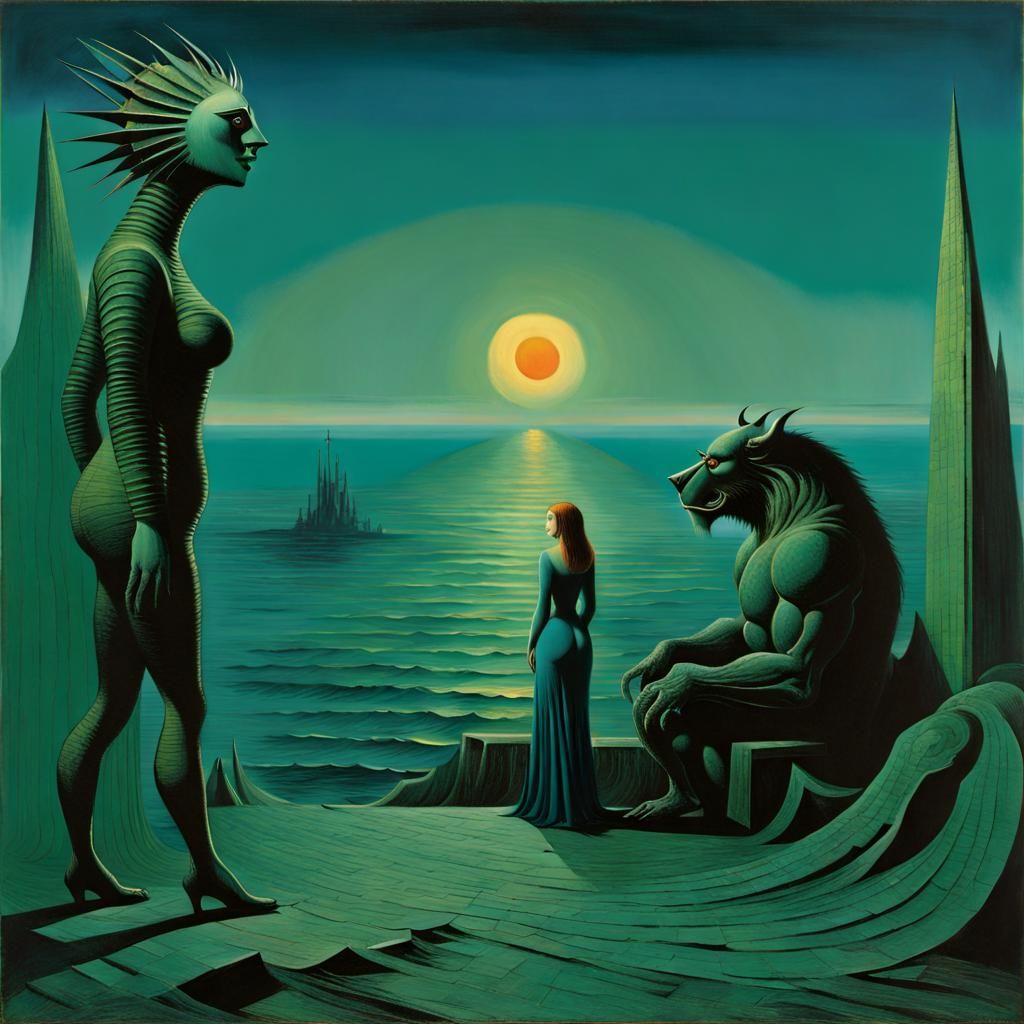 Woman and Beast Sunrise: A Max Ernst-Style Painting