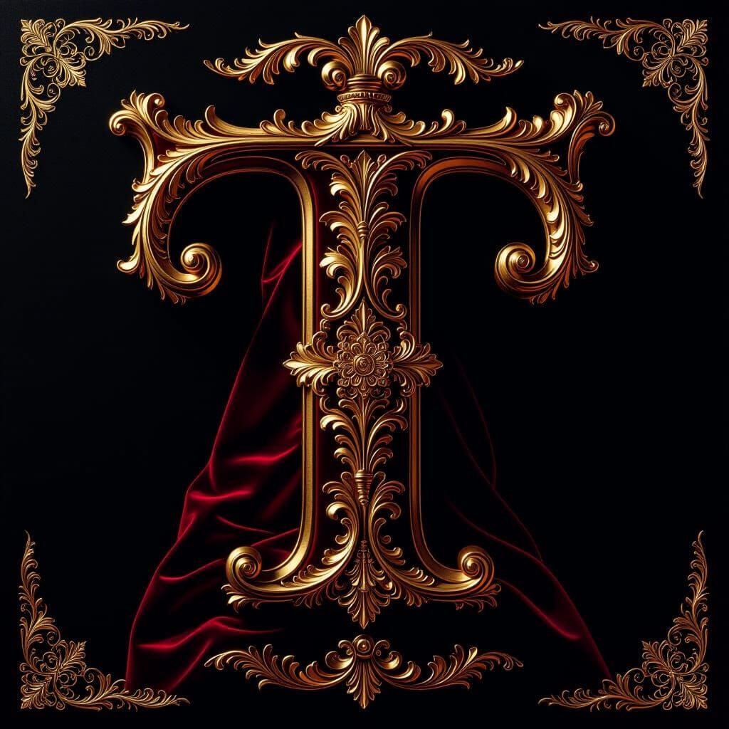 Baroque 'T' Letter with Gold Filigree and Crimson Velvet