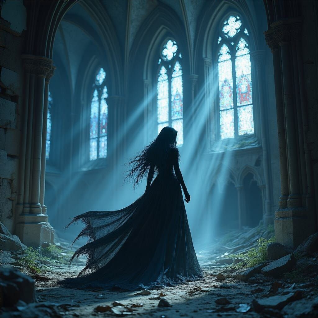 Spectral Witch in Gothic Cathedral Ruins