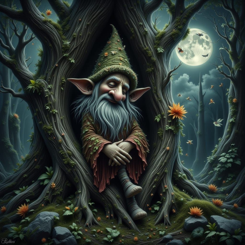 Gnome Sleeping in Ancient Oak Tree by Moonlight