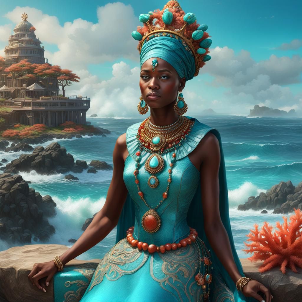 Yemaya Portrait with Corals, Gems, and Cowrie Shells