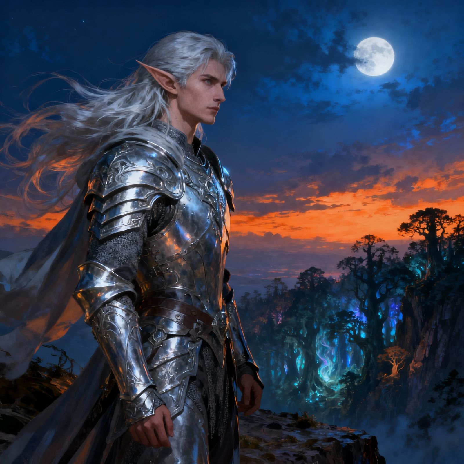 Stoic Elven Warrior on Cliff in Ethereal Moonlight