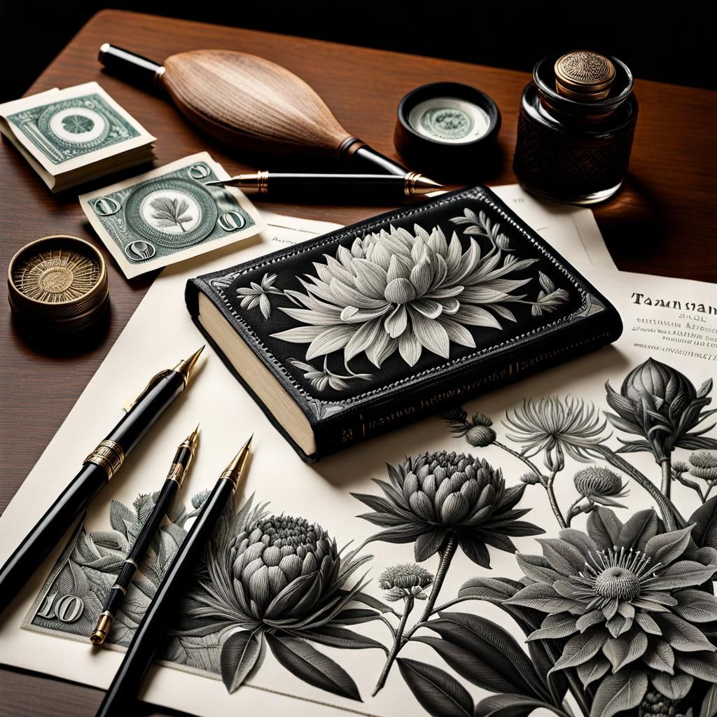 Ornate Botanical Etchings on Black and White Banknotes