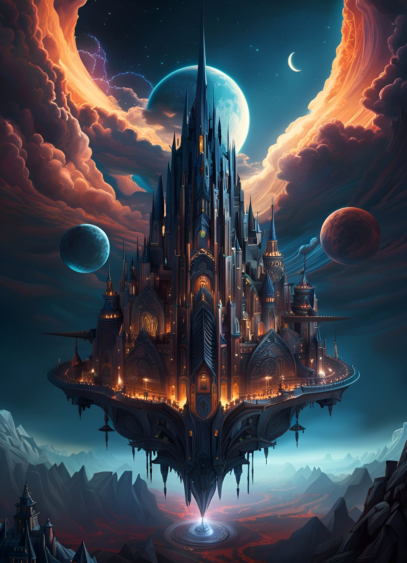 Apocalyptic Solarpunk Flying City with Blood Moon