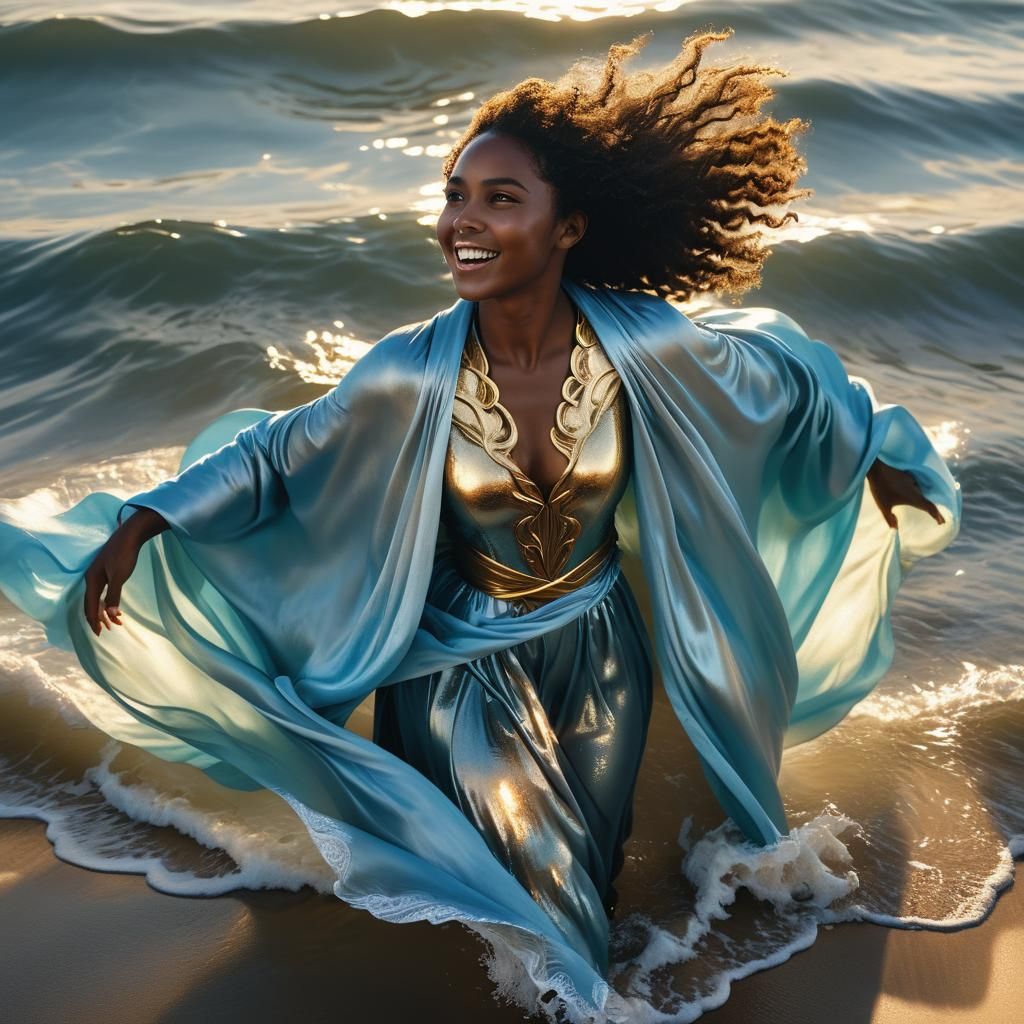 Black Woman Emerges from Sea: Hyperrealistic Digital Art