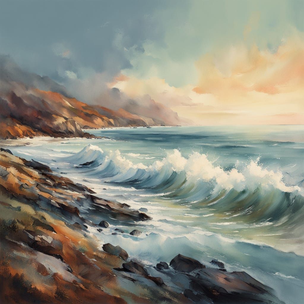 Dreamy Watercolour Seascape with Waves and Rocky Shore
