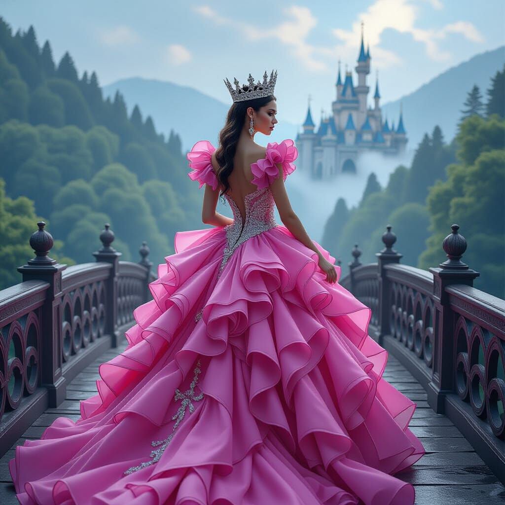 Gothic Woman in Pink Gown on Misty Bridge