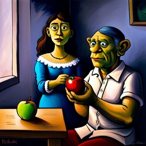 Blue Ogre Presents Apple to Teacher: Fantasy Cartoon