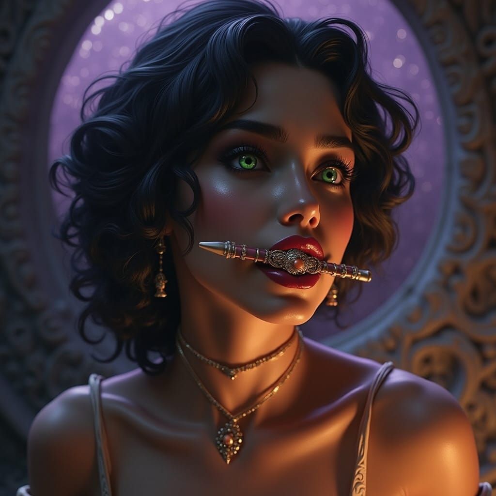 Victorian-Era Fantasy Woman with Gemstone Pencil