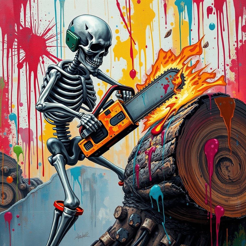 Skeleton Chopping Wood with Chainsaw in Street Art Style