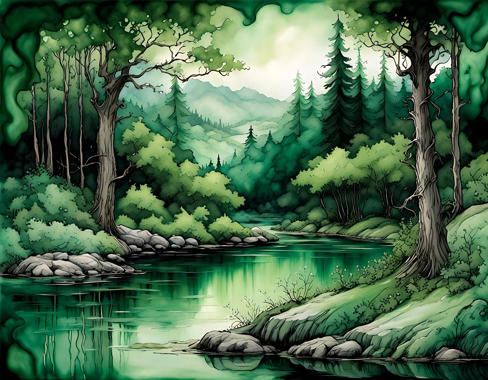 A beautiful landscape scene, palette shades of green