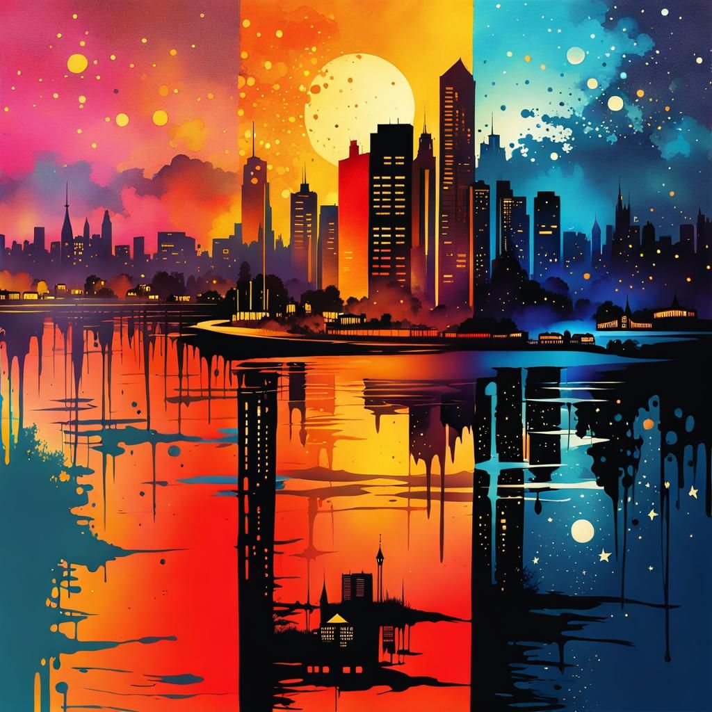 Inkpunk City Skyline Reflection at Night