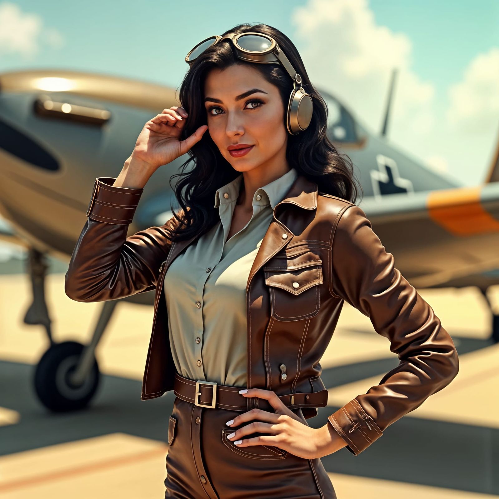 WWII Pilot Pin-Up Posing by Fighter Plane