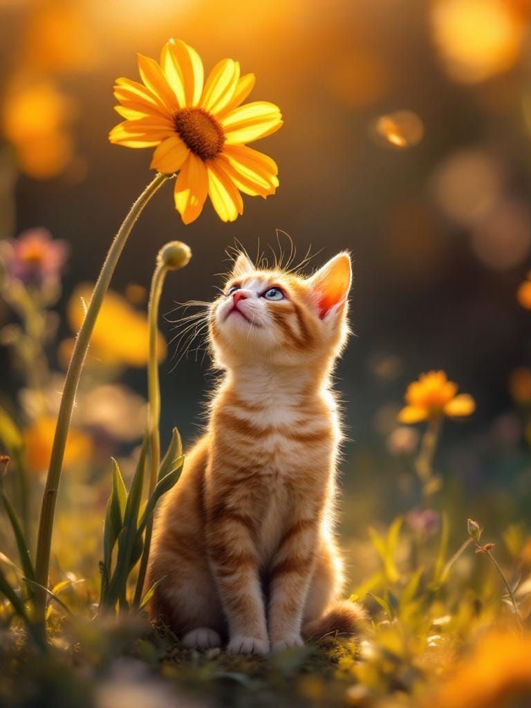 Nostalgic Cat with Flower in Golden Light